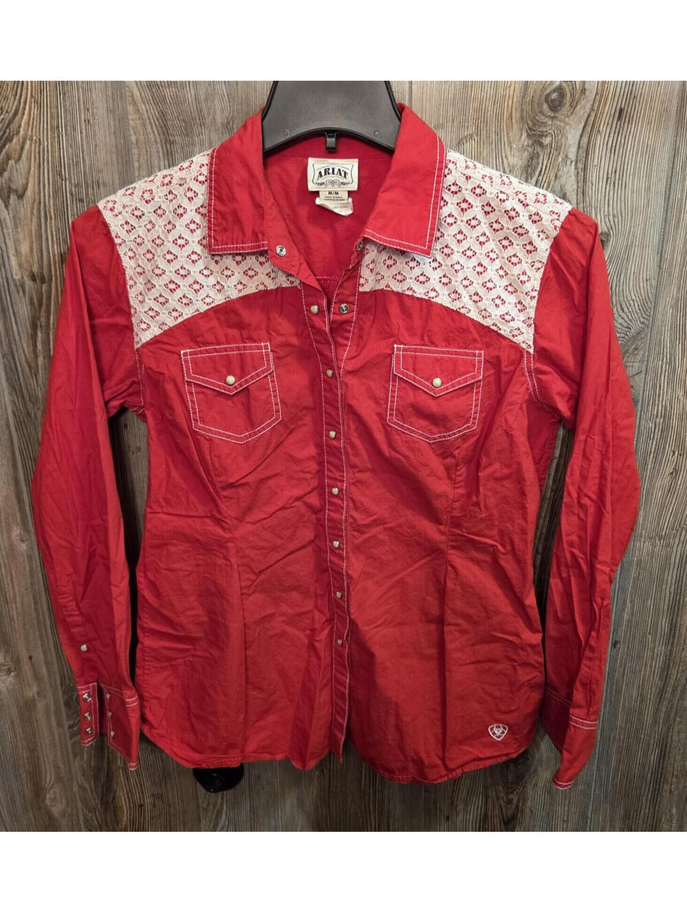 Ariat Zona Snap Shirt L/S Wmn Sz Med Red White Crochet Lace Remuda Ranch Western